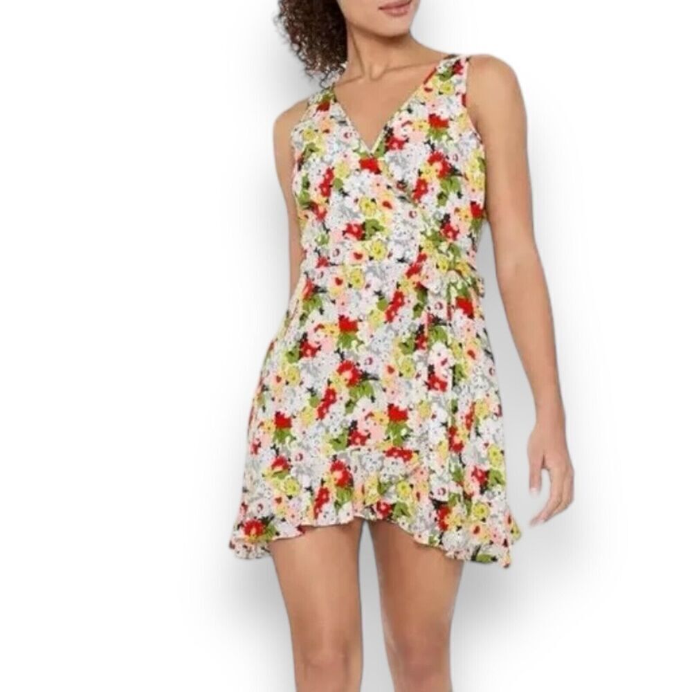 Likely Vera Faux Wrap Dress Coquette Ruffle Hem Floral Print Ivory Red Size 0